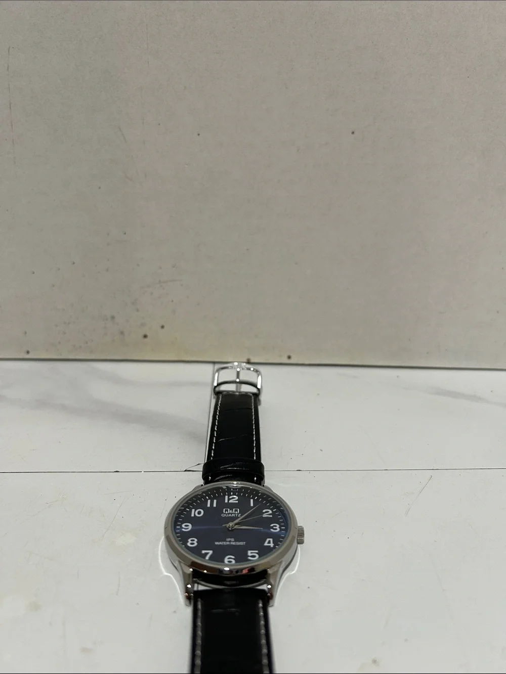 Citizen Q & Q water resistant Black Leather Strap Men’s Analog Watch new battery